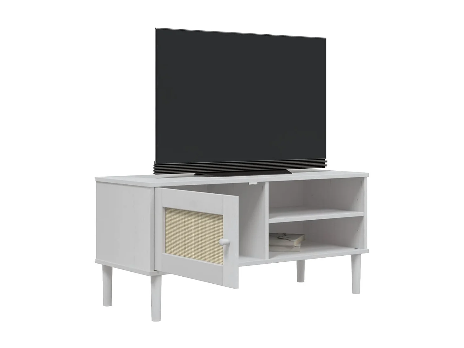 Meuble TV SENJA aspect rotin blanc 106x40x49cm bois massif pin