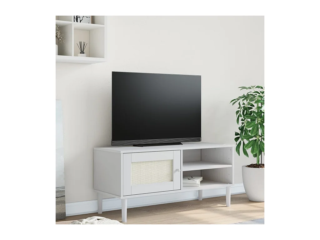 Mobile TV SENJA effetto rattan bianco 106x40x49 cm in legno di pino massiccio