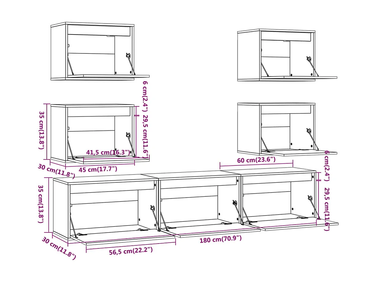 Mueble TV 7 piezas Blanco Madera maciza de pino