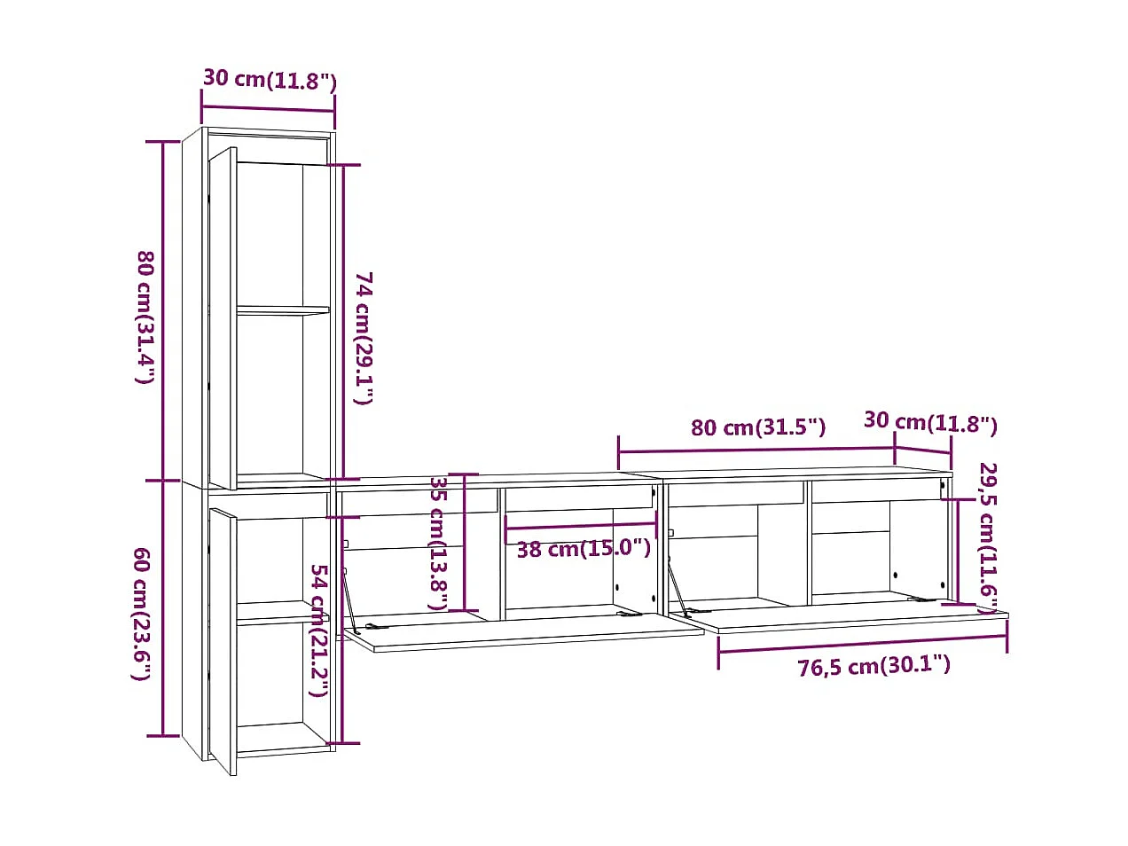TV-Möbel 4 Stück Weiß Massives Kiefernholz