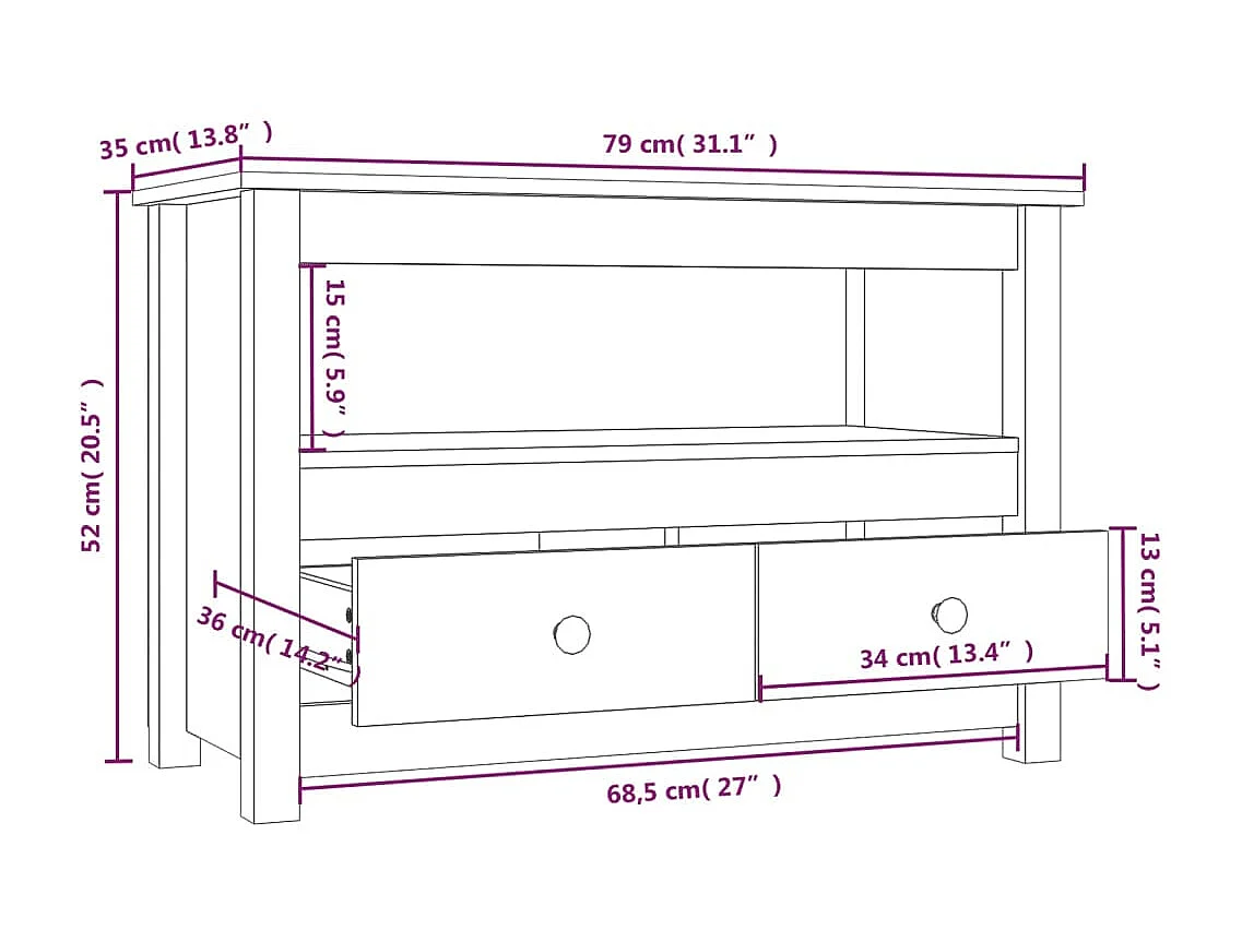 Meuble TV Blanc 79x35x52 cm Bois de pin massif