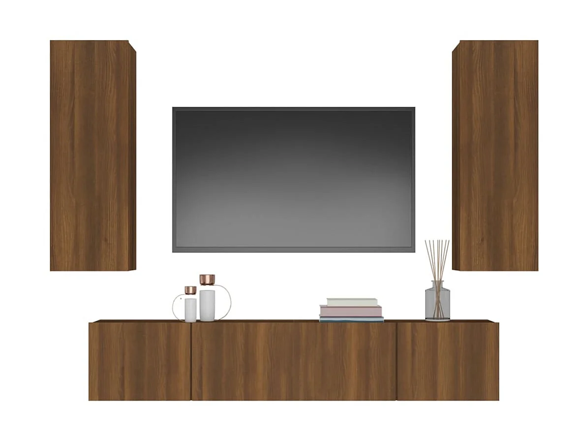 4-teiliges TV-Ständer-Set aus braunem Eichenholzwerkstoff