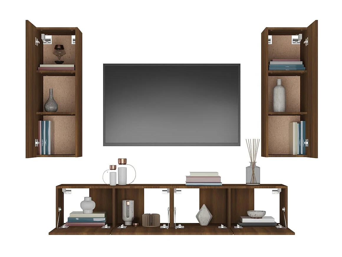 4-teiliges TV-Ständer-Set aus braunem Eichenholzwerkstoff