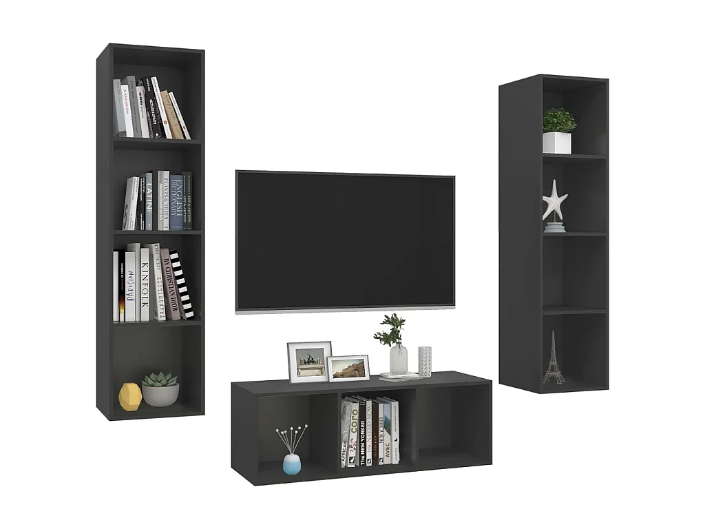 Conjunto de armário TV 3 unidades em aglomerado cinzento