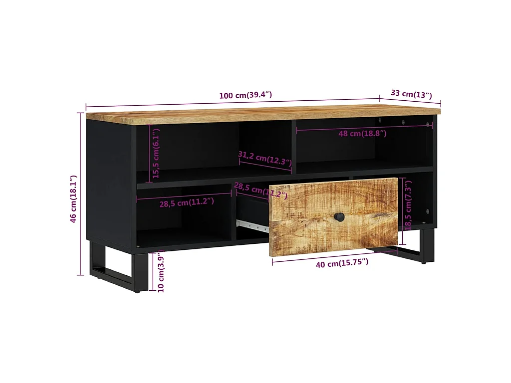 TV-meubel 100x33x46 cm mangohout en bewerkt hout