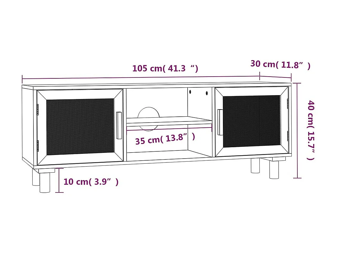 Meuble TV Blanc 105x30x40cm Bois de pin massif et rotin naturel