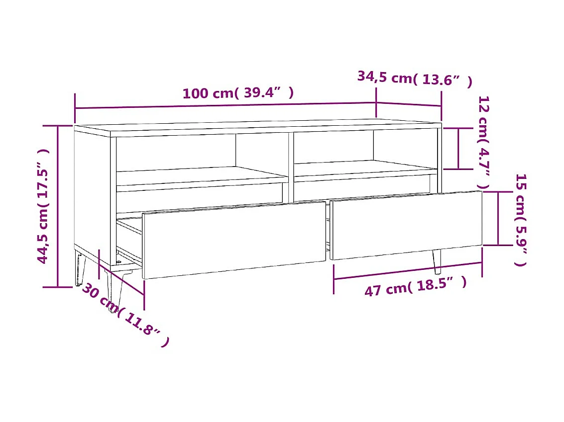 Meuble TV sonoma gris 100x34,5x44,5 cm bois d'ingénierie