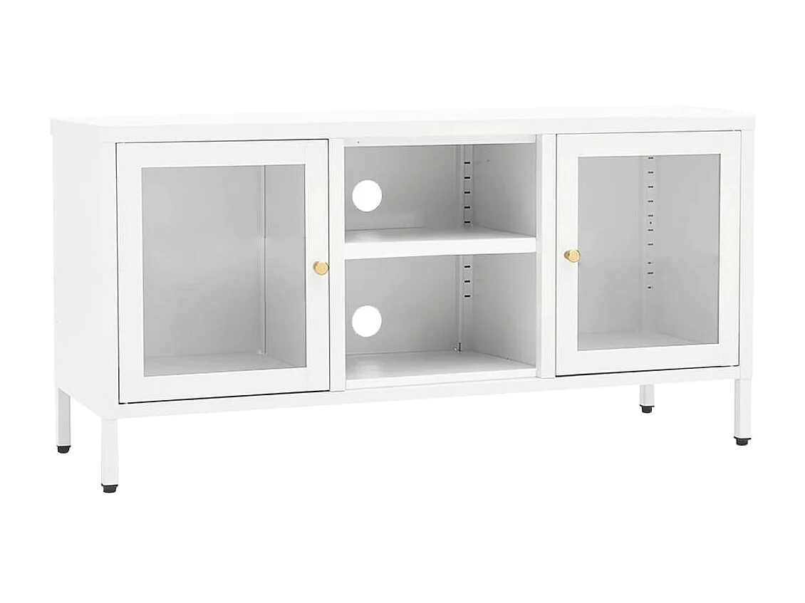 Meuble TV Blanc 105x35x52 cm Acier et verre
