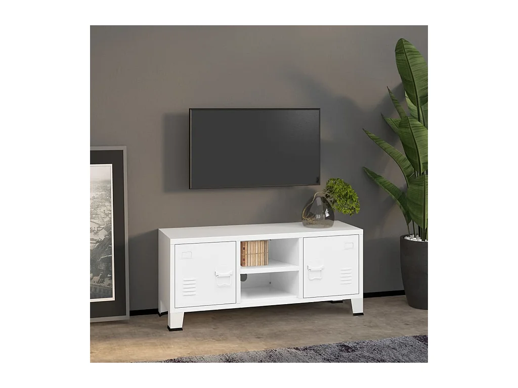 Meuble TV industriel Blanc 105x35x42 cm Métal