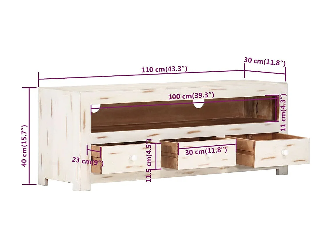 Meuble TV Bois massif d'acacia 110x30x40 cm Blanc