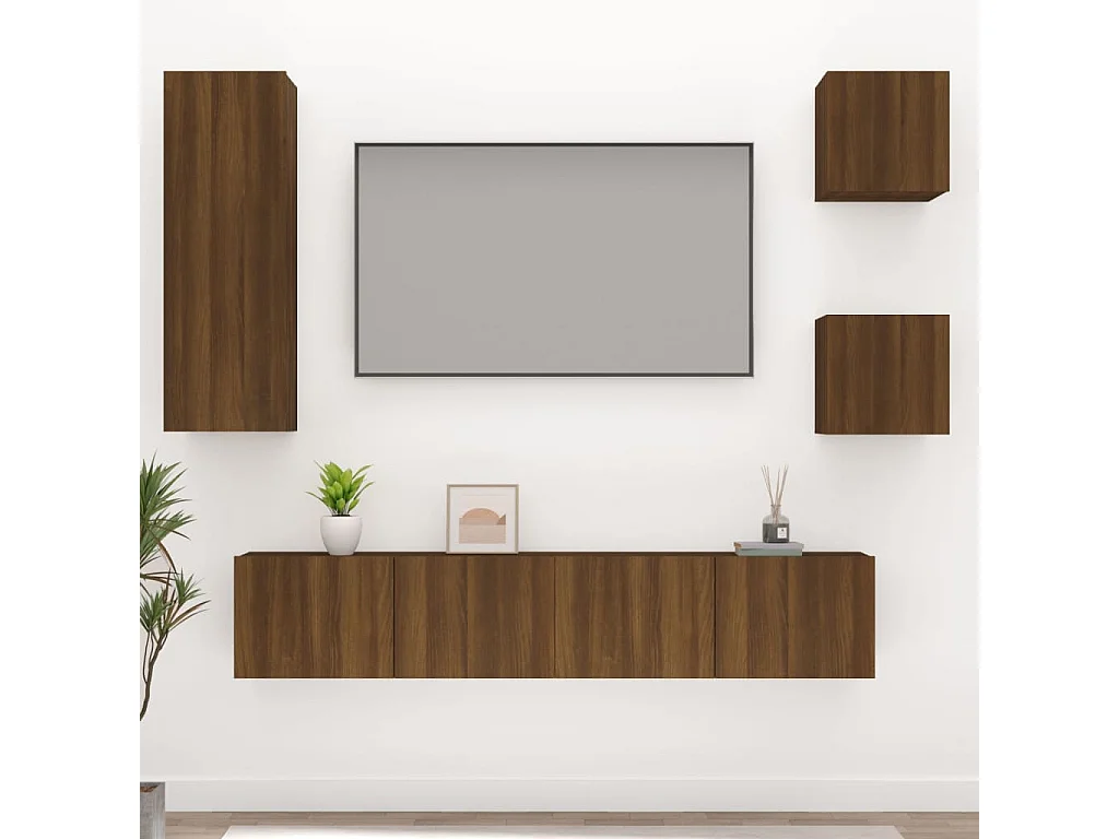 Set porta TV da 5 pezzi in legno multistrato di quercia marrone