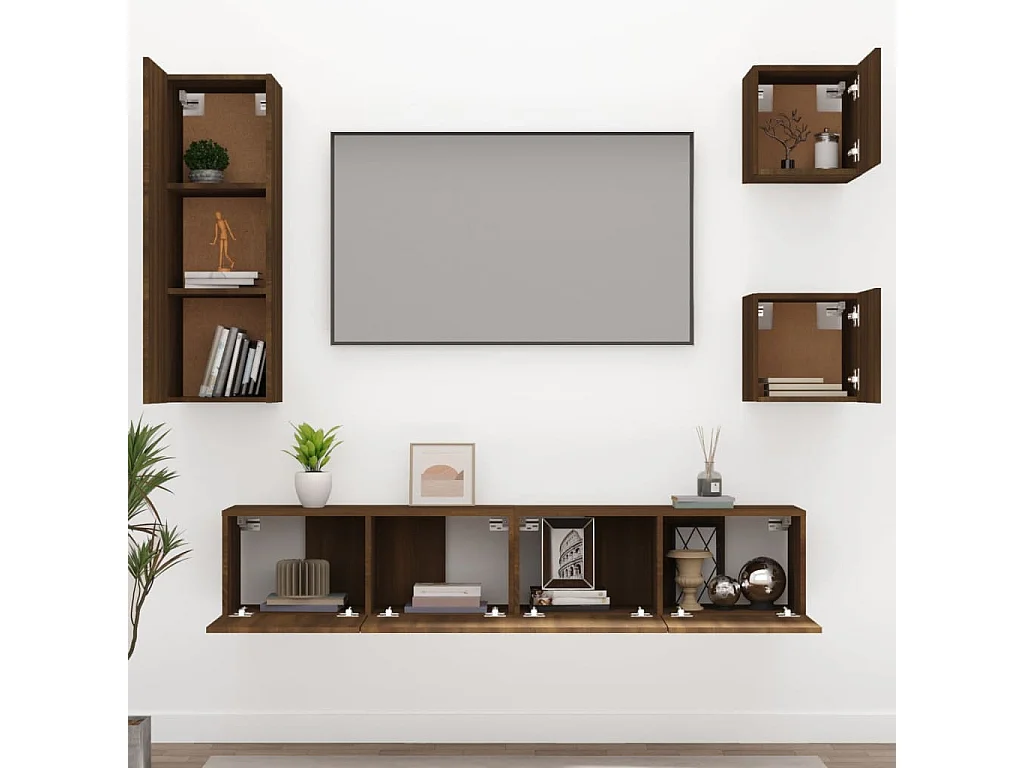Set porta TV da 5 pezzi in legno multistrato di quercia marrone
