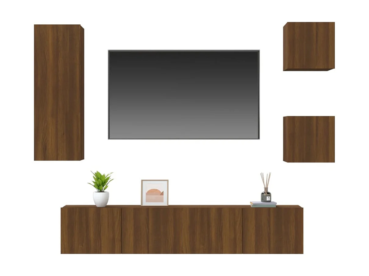 Set porta TV da 5 pezzi in legno multistrato di quercia marrone