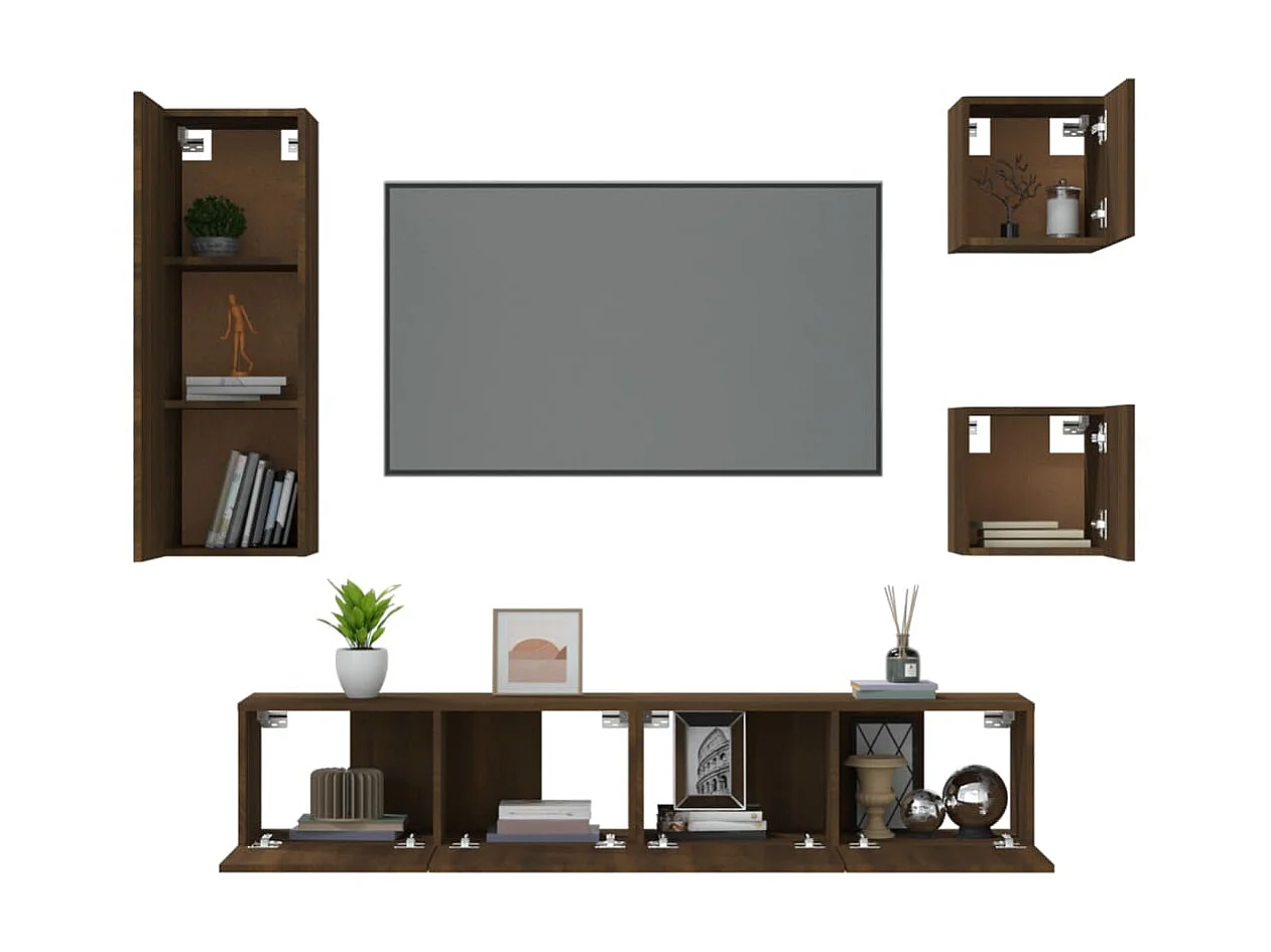 Set porta TV da 5 pezzi in legno multistrato di quercia marrone