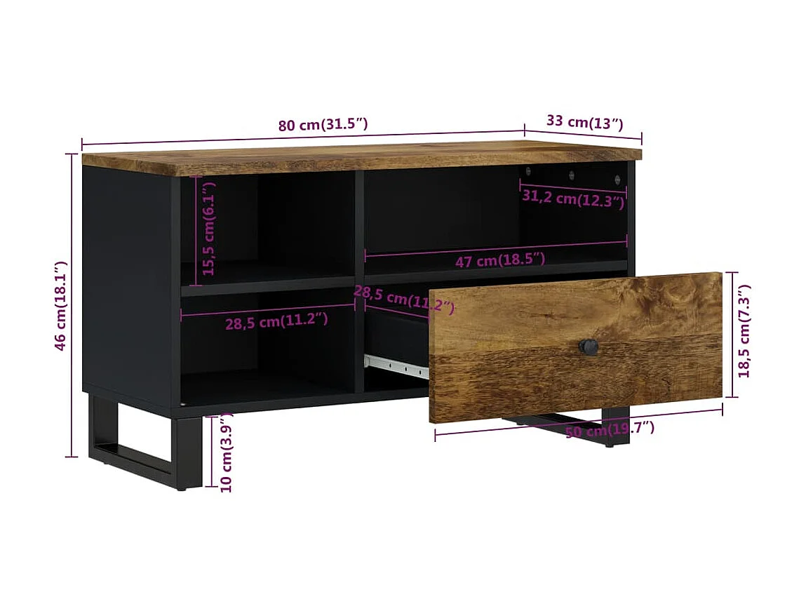 Meuble TV 80x33x46 cm bois de manguier et d'ingénierie