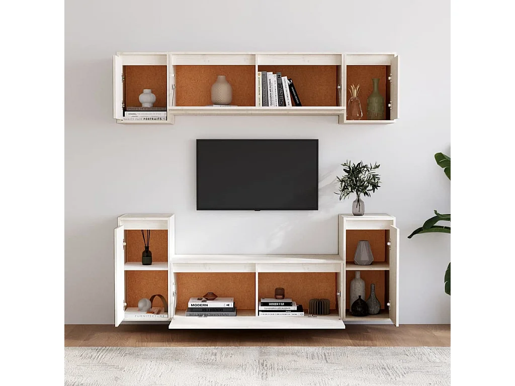 Mobile TV 6 pz. Bianco Legno di pino massiccio