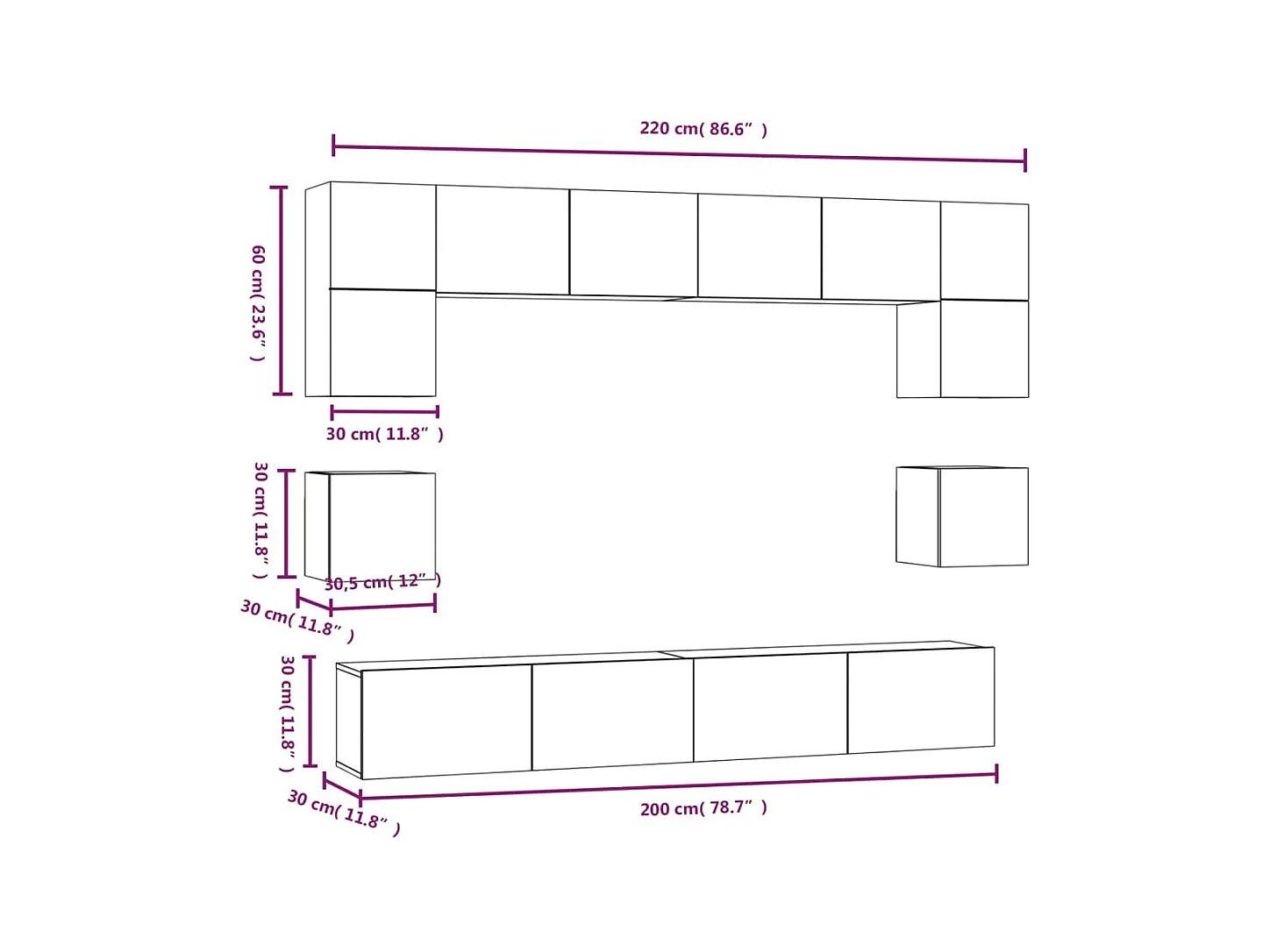 Ensemble de meubles TV 8 pcs Noir Bois d'ingénierie