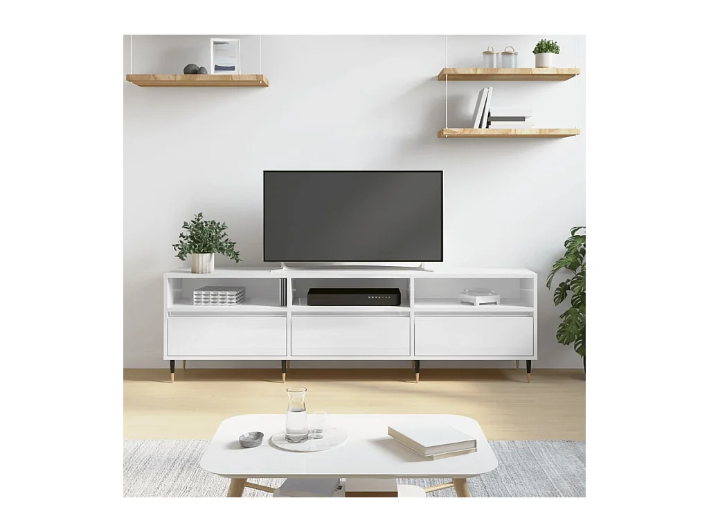 Meuble TV blanc brillant 150x30x44,5 cm bois d'ingénierie