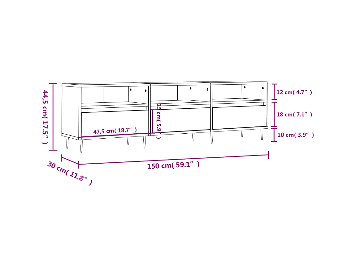 Meuble TV blanc brillant 150x30x44,5 cm bois d'ingénierie
