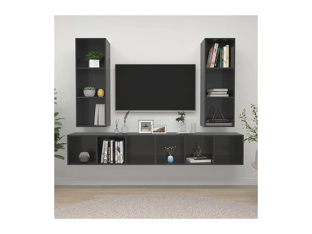 Meubles TV muraux 4 pcs Gris brillant Aggloméré