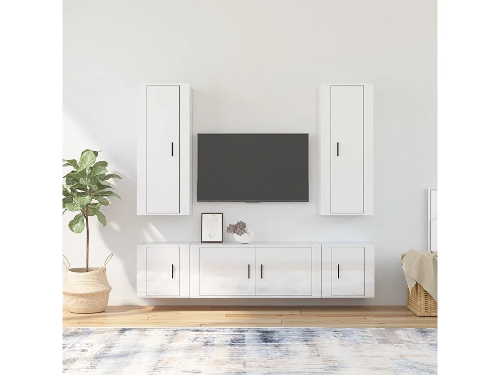 5-teiliges TV-Ständer-Set aus glänzend weißem Holzwerkstoff