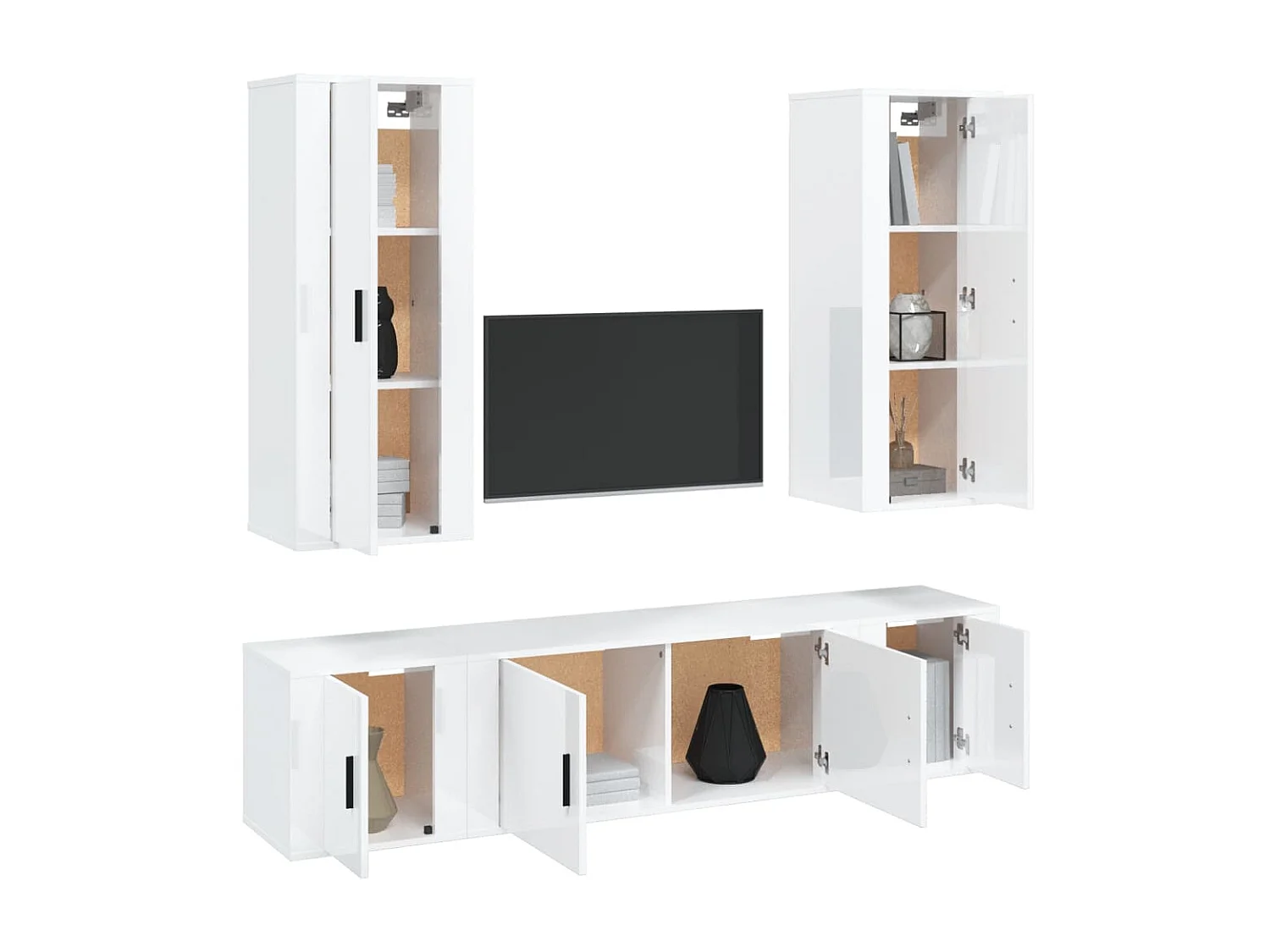 5-teiliges TV-Ständer-Set aus glänzend weißem Holzwerkstoff