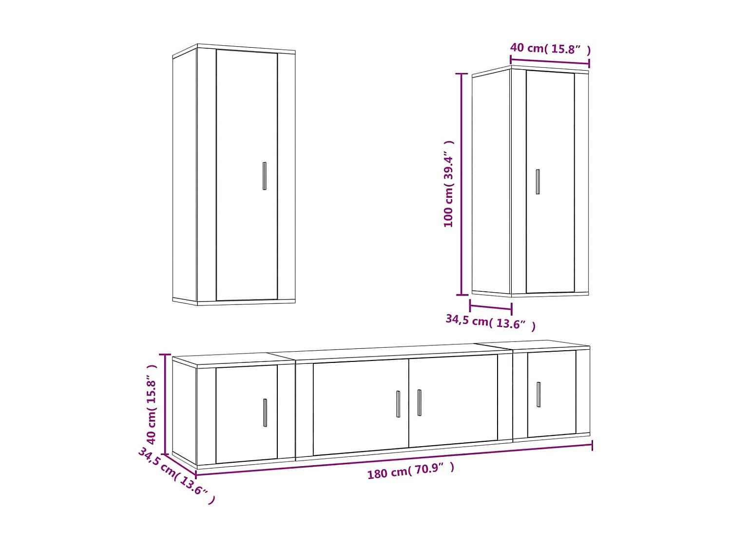 5-teiliges TV-Ständer-Set aus glänzend weißem Holzwerkstoff