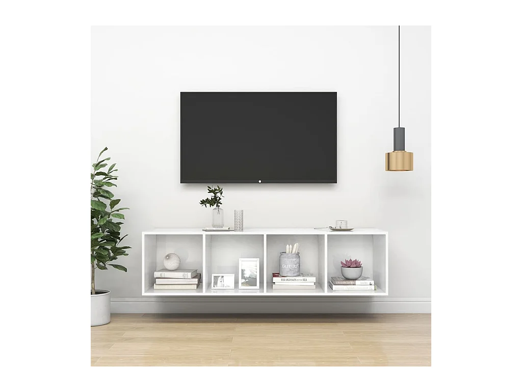 Meuble TV mural Blanc brillant 37x37x142,5 cm Aggloméré