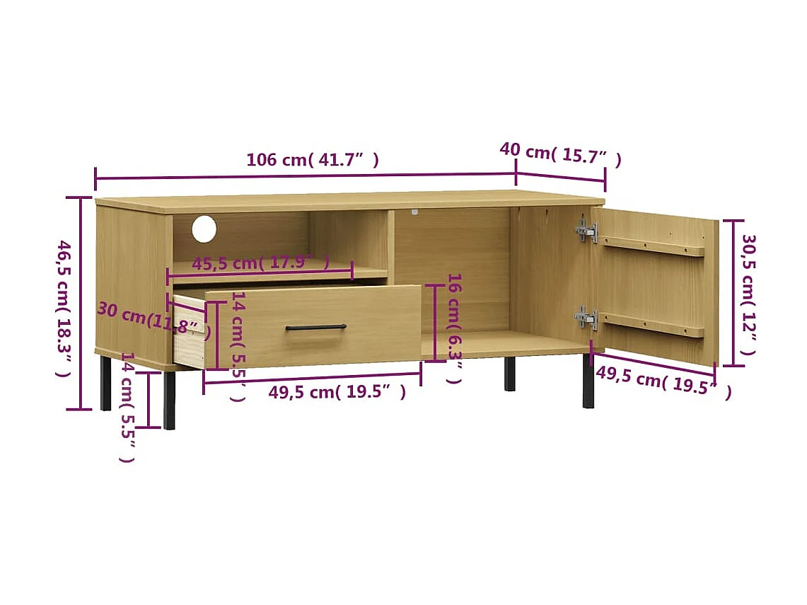 Móvel tv com pés metálicos Castanho Madeira maciça de pinho OSLO