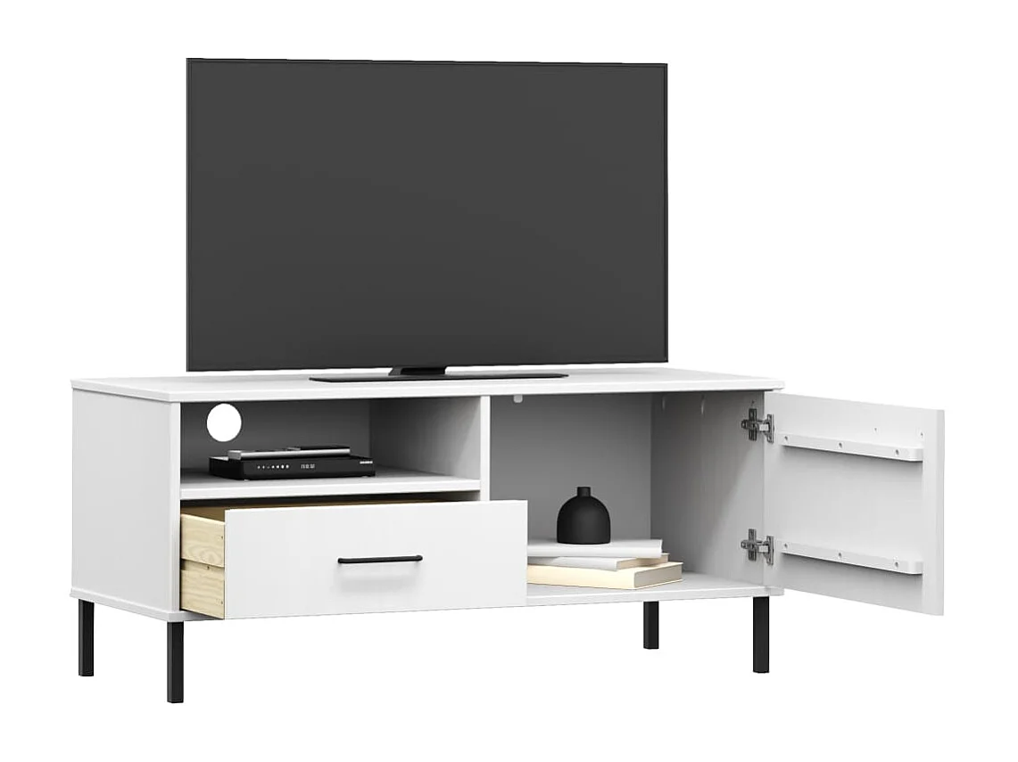 Meuble TV avec pieds en métal Blanc Bois de pin massif OSLO