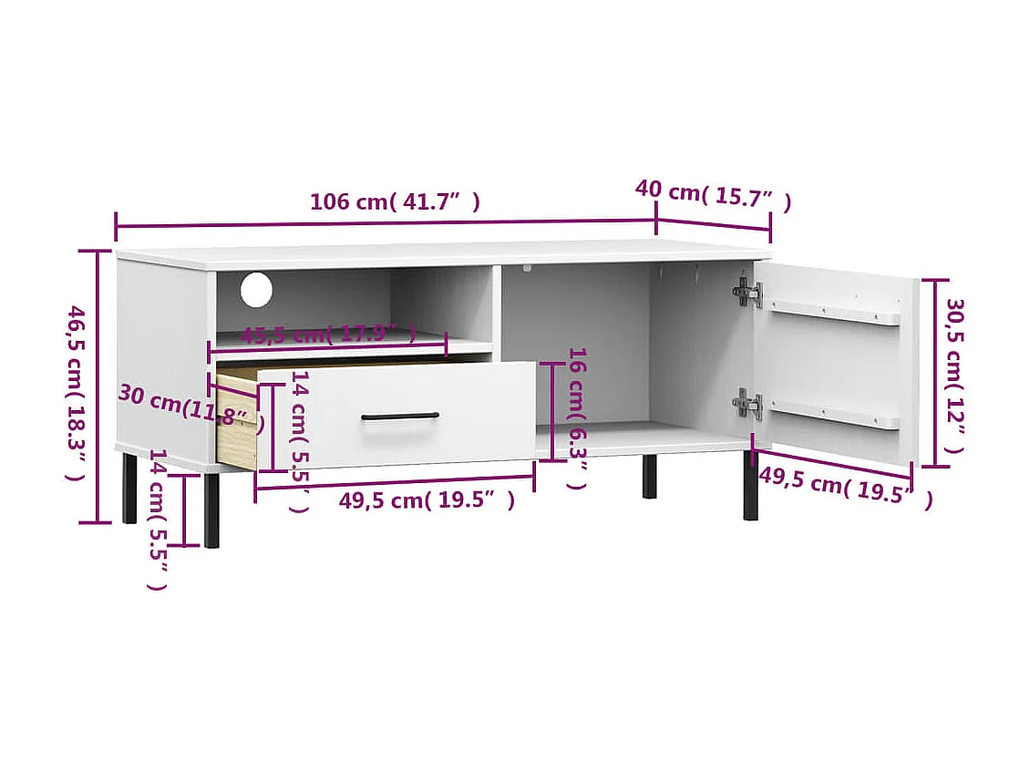 Meuble TV avec pieds en métal Blanc Bois de pin massif OSLO