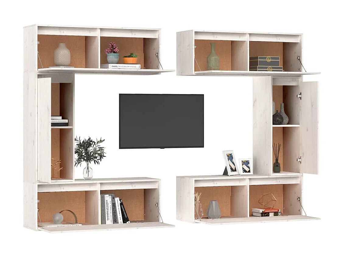 Mobile TV 6 pz. Bianco Legno di pino massiccio