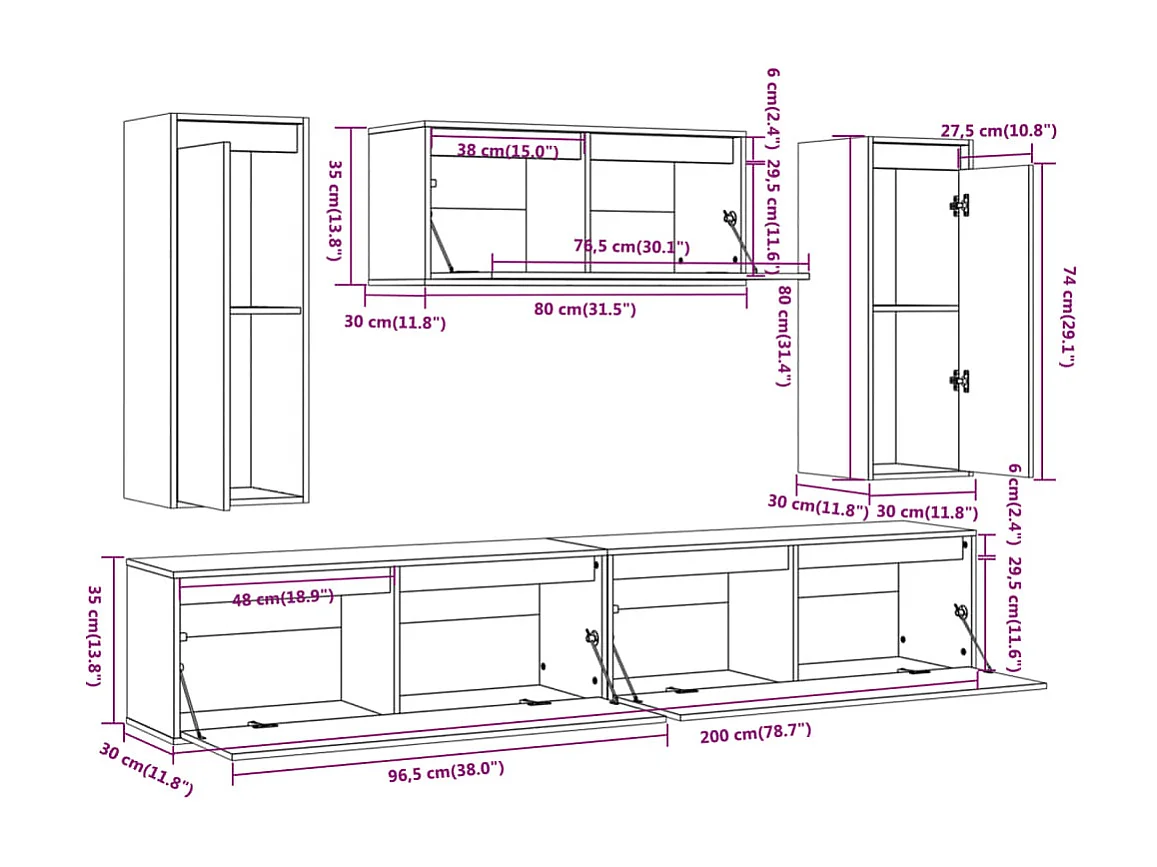 Mobili TV 5 pz. Bianco Legno di pino massiccio