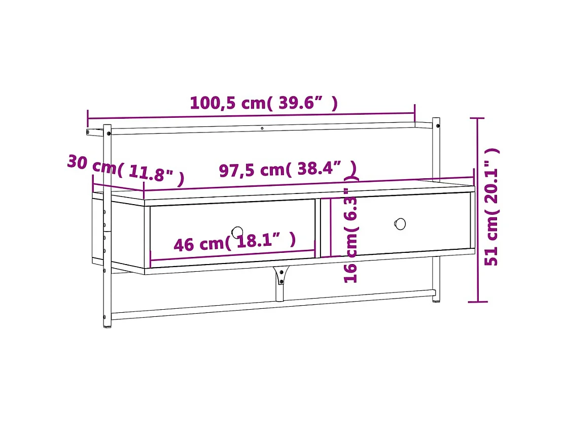 Meuble TV mural chêne fumé 100,5x30x51 cm bois d'ingénierie