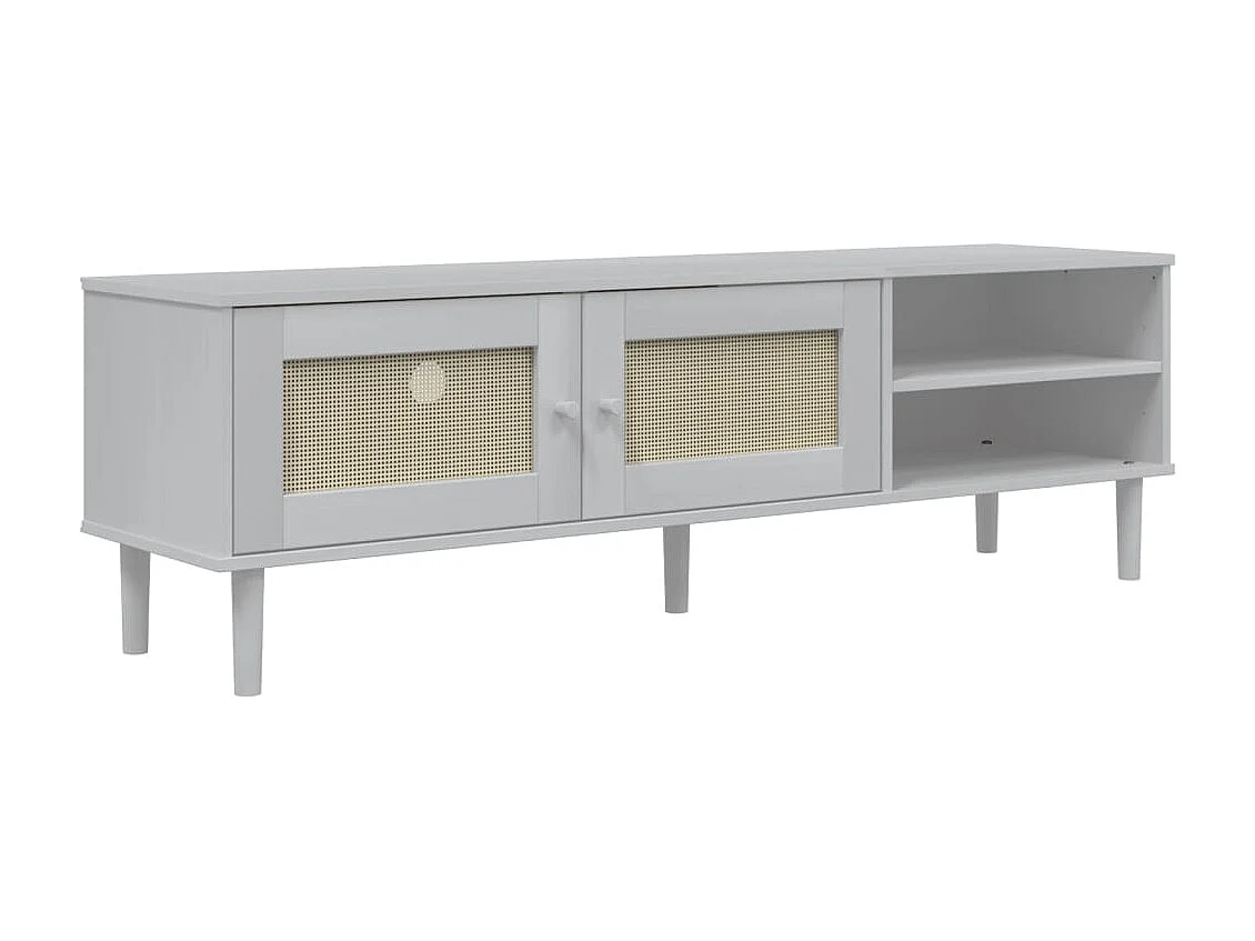 Meuble TV SENJA aspect rotin blanc 158x40x49cm bois massif pin