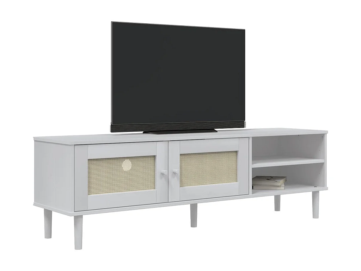 Meuble TV SENJA aspect rotin blanc 158x40x49cm bois massif pin