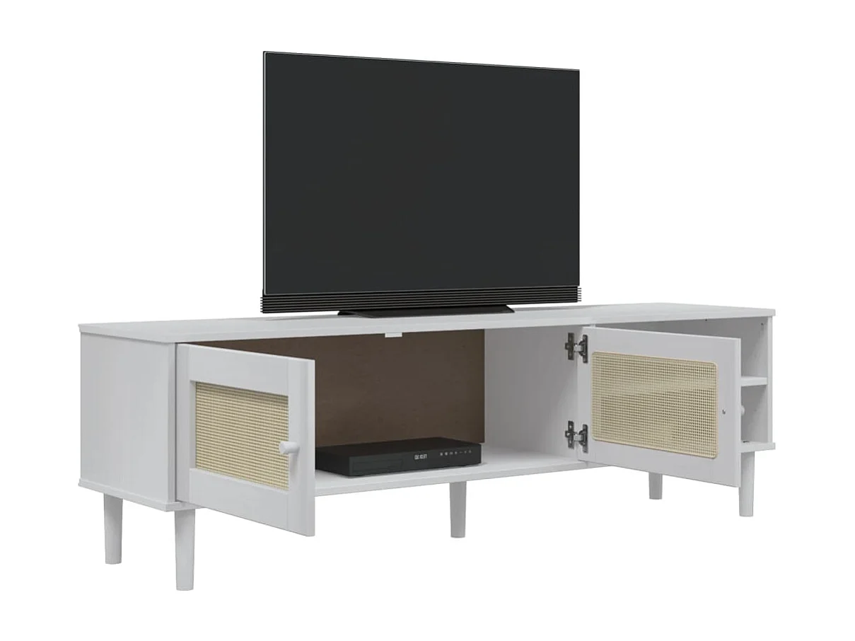 Meuble TV SENJA aspect rotin blanc 158x40x49cm bois massif pin