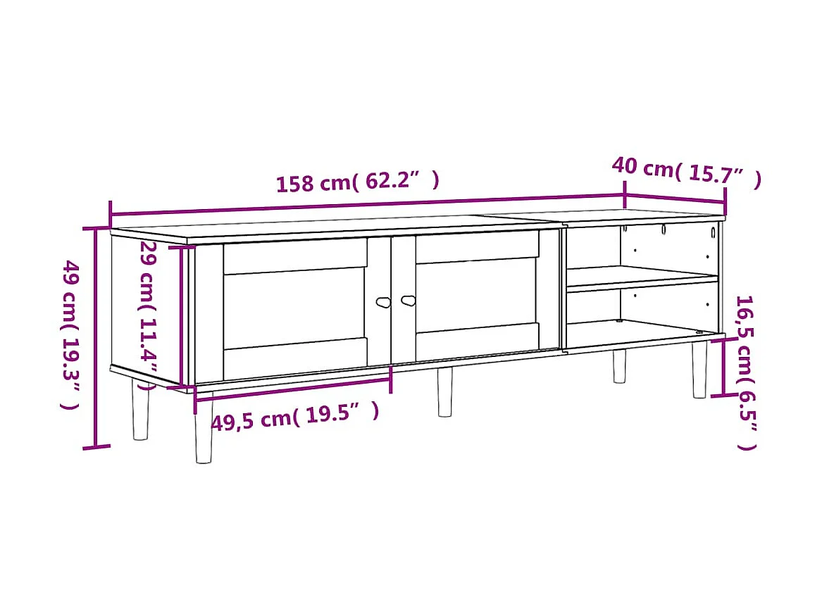 Meuble TV SENJA aspect rotin blanc 158x40x49cm bois massif pin