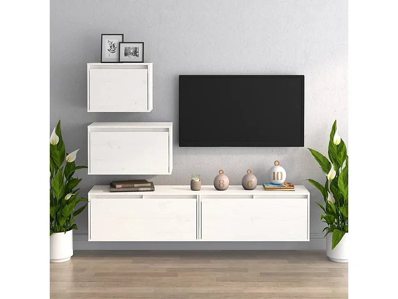 Mobile TV 4 pz. Bianco Legno di pino massiccio