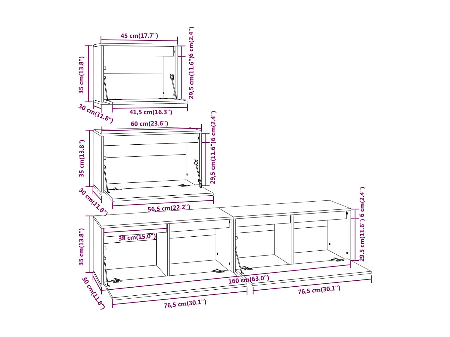 Mueble TV 4 piezas Blanco Madera maciza de pino