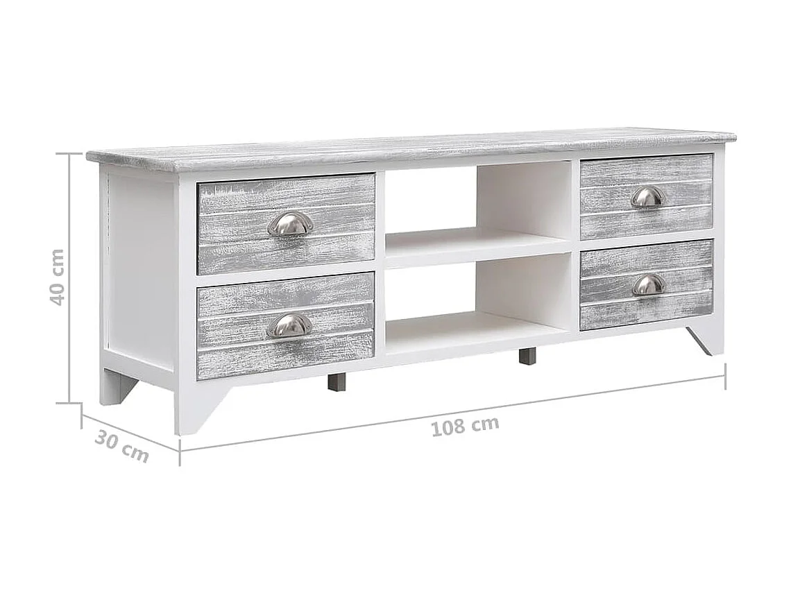 Meuble TV Blanc et gris 108x30x40 cm Bois de Paulownia solide