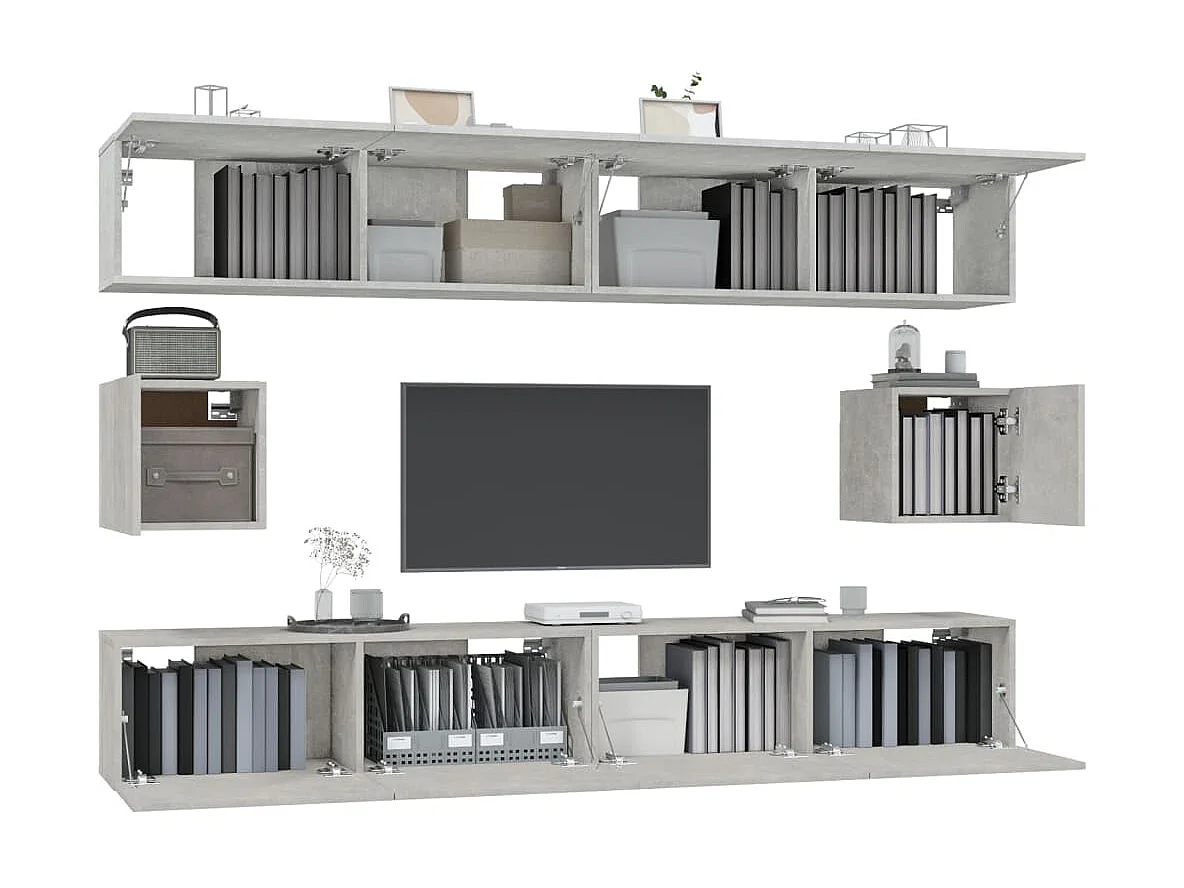 Conjunto de móveis de TV 6 unidades concreto cinza madeira projetada