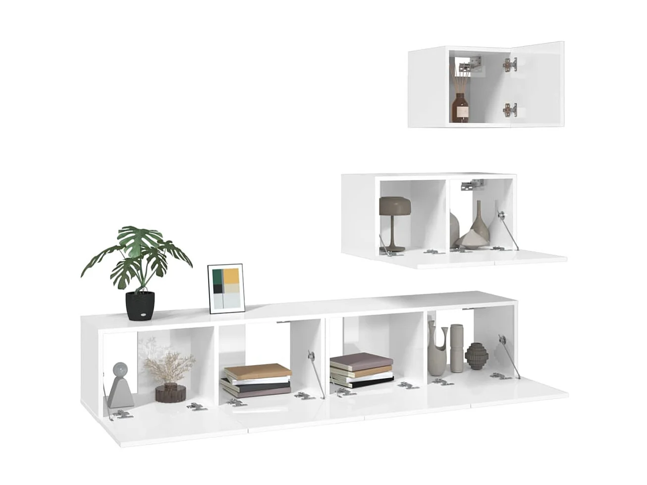 4-delige tv-standaardset glanzend wit bewerkt hout