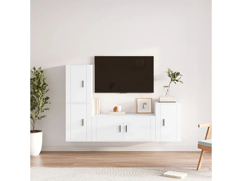 Juego de soporte para TV de 4 piezas de madera de ingeniería blanca brillante