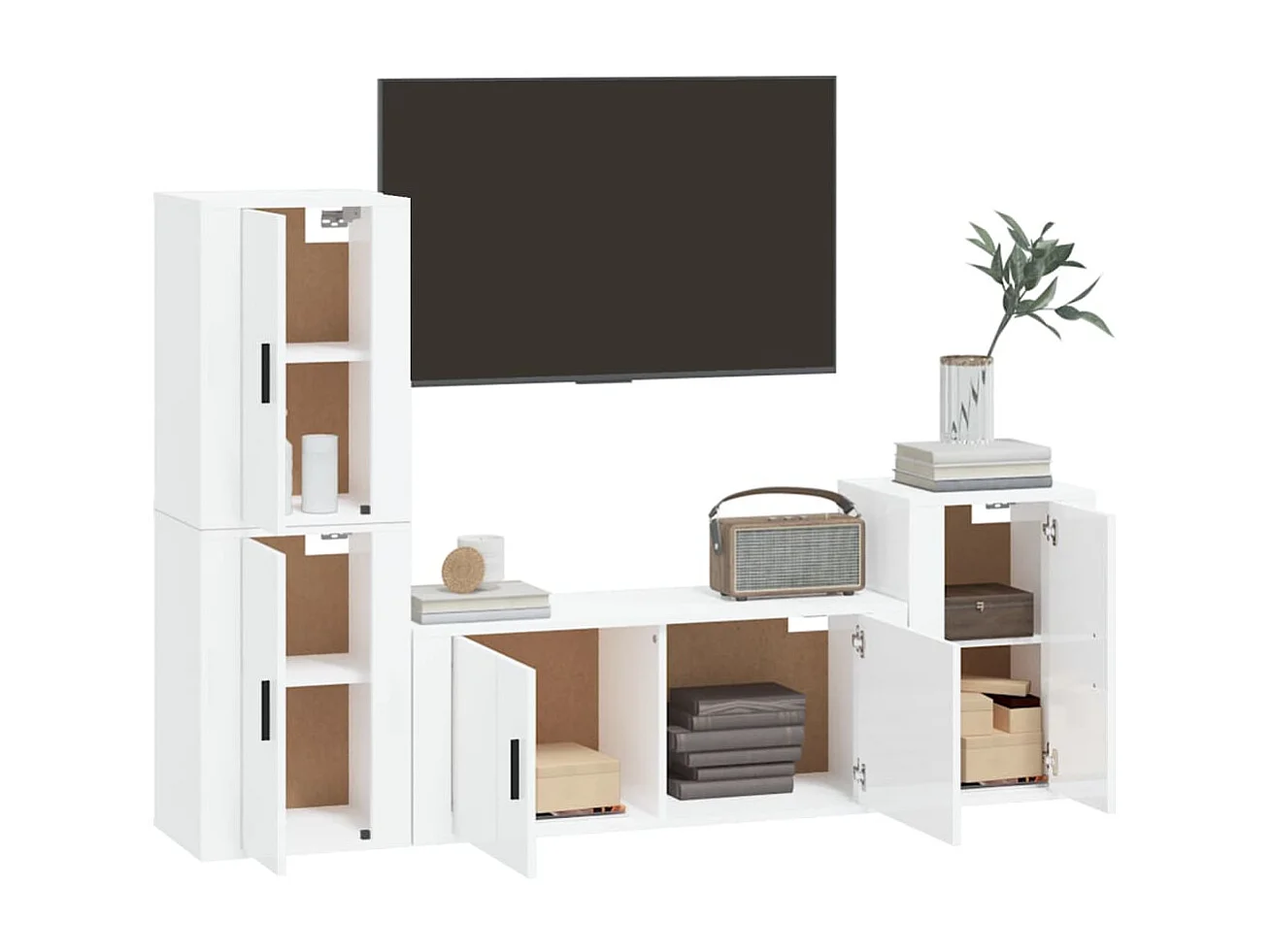 Juego de soporte para TV de 4 piezas de madera de ingeniería blanca brillante