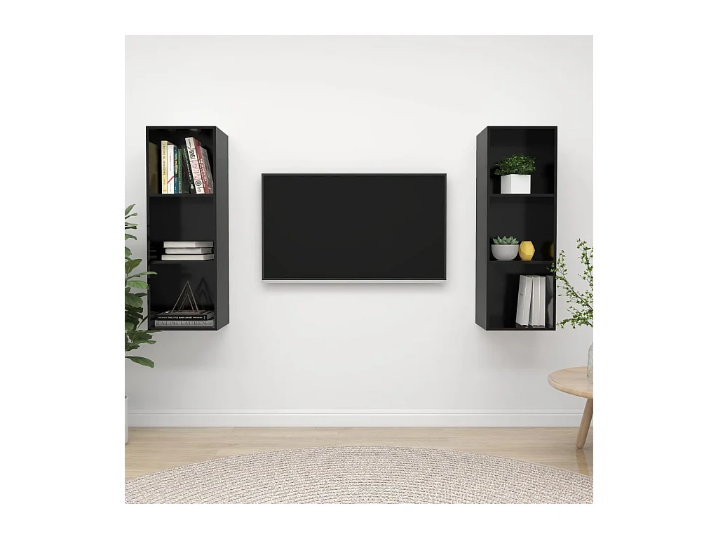 Meubles TV muraux 2 pcs Noir brillant Aggloméré