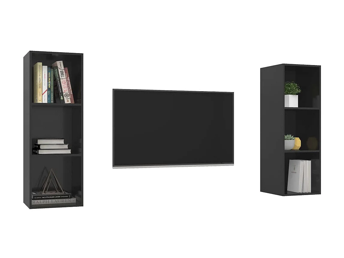 Wandmontierte TV-Einheiten, 2 Stück. Glänzend schwarze Spanplatte