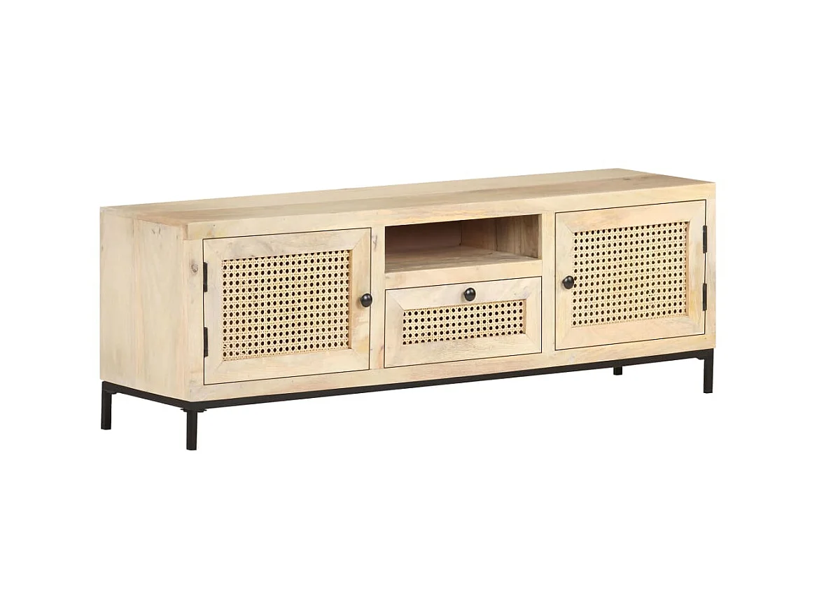 Meuble TV 120x30x40 cm Bois de manguier et canne naturelle