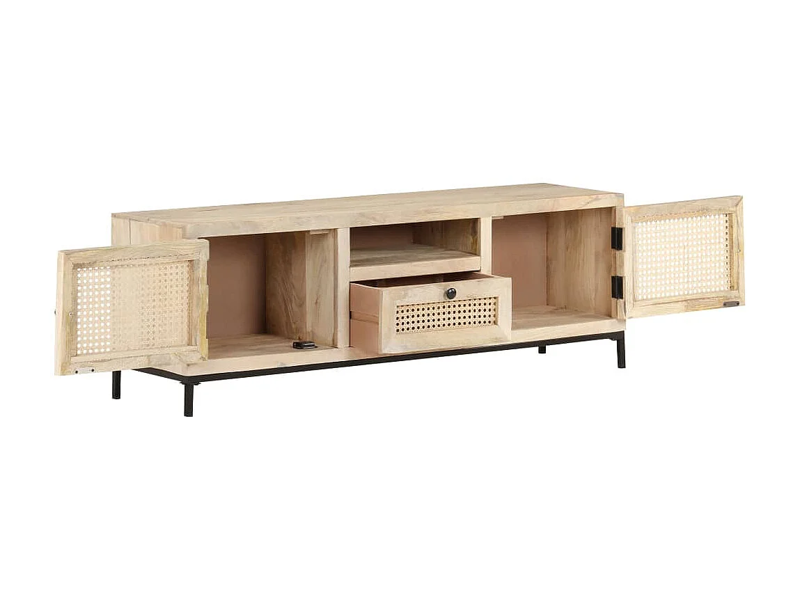Meuble TV 120x30x40 cm Bois de manguier et canne naturelle