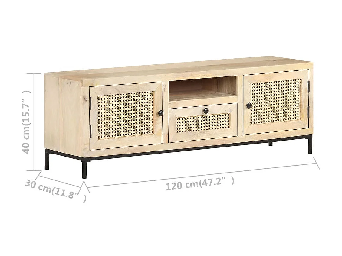 Meuble TV 120x30x40 cm Bois de manguier et canne naturelle